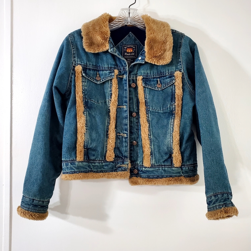 Vintage Route 66 Denim Faux Fur Jacket Girls 10/12